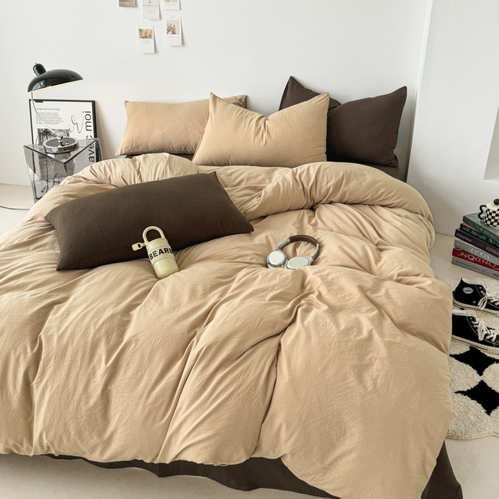 91家纺网 家纺一手货源 找家纺 芷凡家纺 2025新款A类加厚水洗棉云朵棉四件套 杏色+奶咖