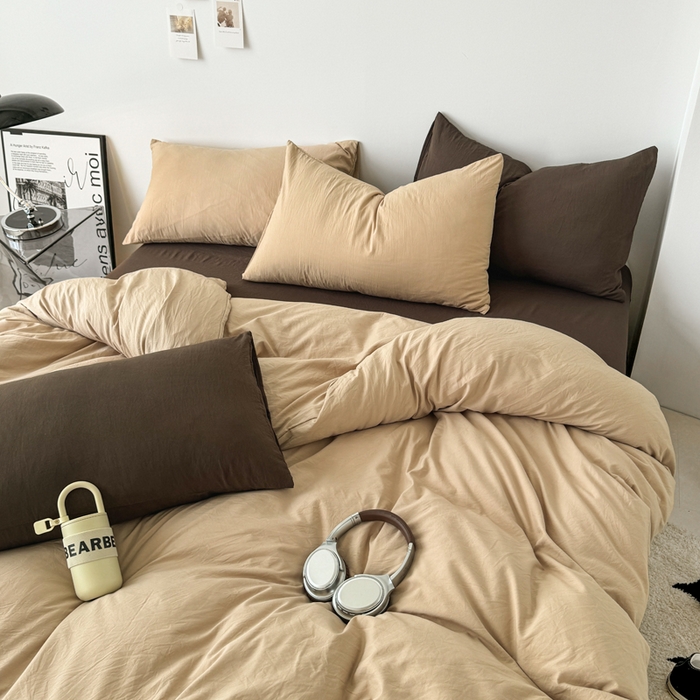 91家纺网 家纺一手货源 找家纺 芷凡家纺 2025新款A类加厚水洗棉云朵棉四件套 杏色+奶咖