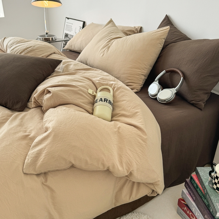 91家纺网 家纺一手货源 找家纺 芷凡家纺 2025新款A类加厚水洗棉云朵棉四件套 杏色+奶咖