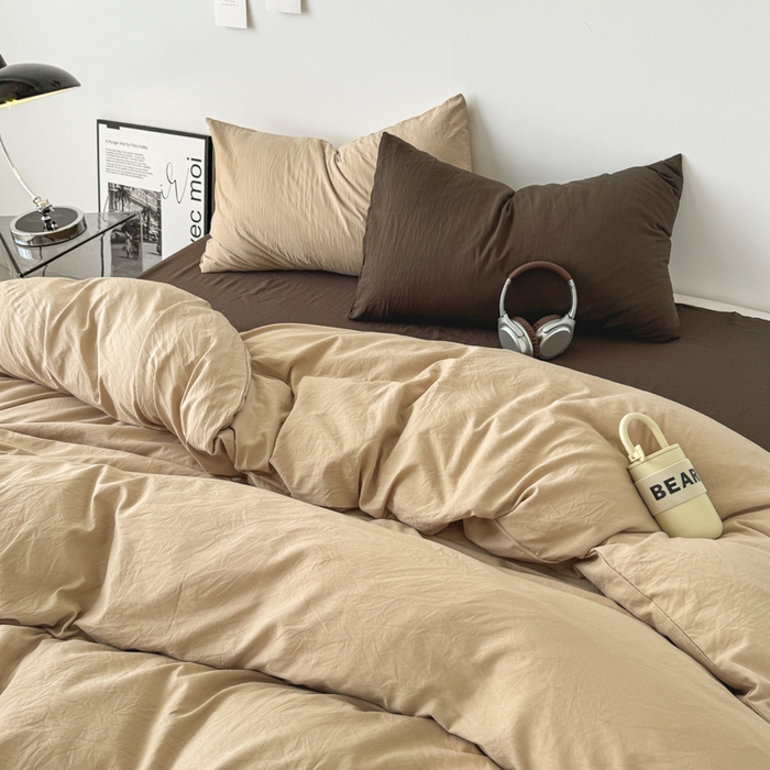 91家纺网 家纺一手货源 找家纺 芷凡家纺 2025新款A类加厚水洗棉云朵棉四件套 杏色+奶咖