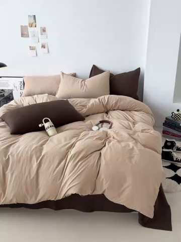 91家纺网 家纺一手货源 找家纺 芷凡家纺 2025新款A类加厚水洗棉云朵棉四件套 杏色+奶咖