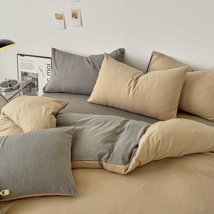 91家纺网 家纺一手货源 找家纺 芷凡家纺 2025新款A类加厚水洗棉云朵棉四件套 杏色+浅灰