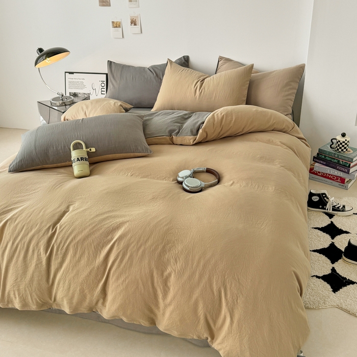 91家纺网 家纺一手货源 找家纺 芷凡家纺 2025新款A类加厚水洗棉云朵棉四件套 杏色+浅灰