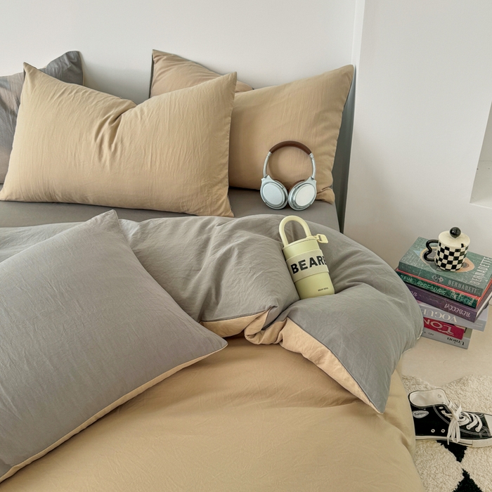 91家纺网 家纺一手货源 找家纺 芷凡家纺 2025新款A类加厚水洗棉云朵棉四件套 杏色+浅灰