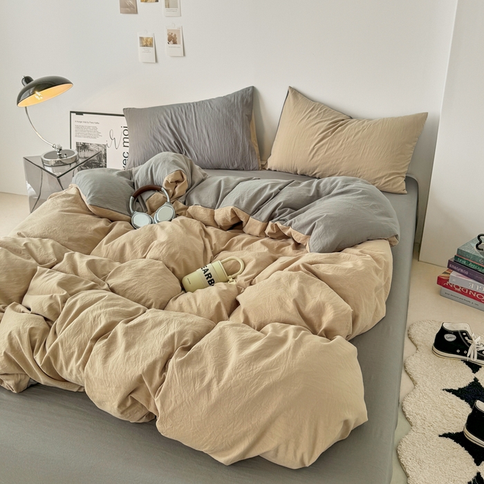 91家纺网 家纺一手货源 找家纺 芷凡家纺 2025新款A类加厚水洗棉云朵棉四件套 杏色+浅灰