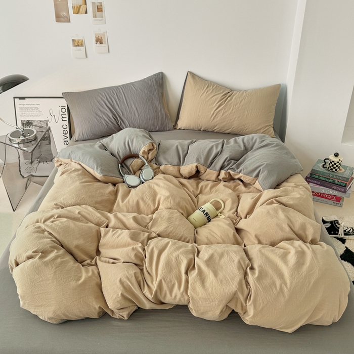 91家纺网 家纺一手货源 找家纺 芷凡家纺 2025新款A类加厚水洗棉云朵棉四件套 杏色+浅灰