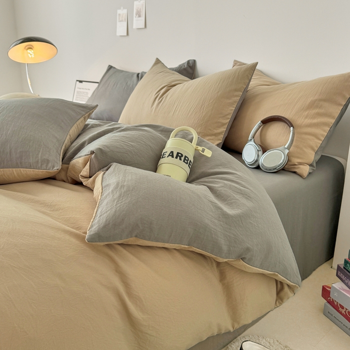 91家纺网 家纺一手货源 找家纺 芷凡家纺 2025新款A类加厚水洗棉云朵棉四件套 杏色+浅灰