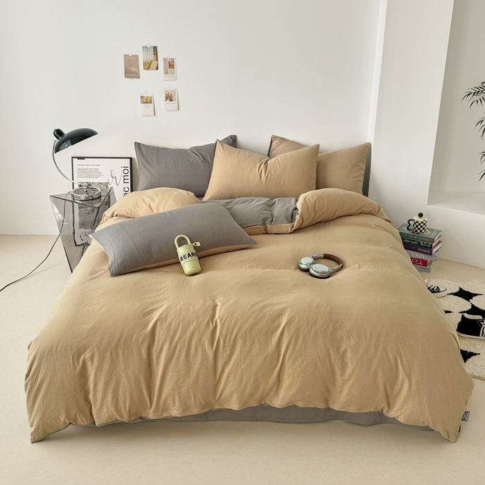 91家纺网 家纺一手货源 找家纺 芷凡家纺 2025新款A类加厚水洗棉云朵棉四件套 杏色+浅灰