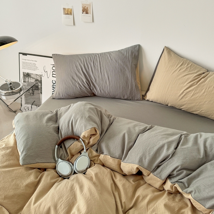 91家纺网 家纺一手货源 找家纺 芷凡家纺 2025新款A类加厚水洗棉云朵棉四件套 杏色+浅灰