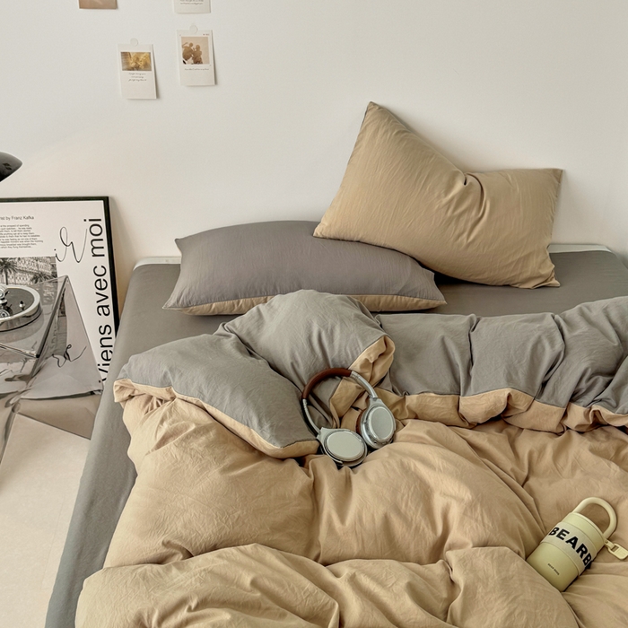 91家纺网 家纺一手货源 找家纺 芷凡家纺 2025新款A类加厚水洗棉云朵棉四件套 杏色+浅灰