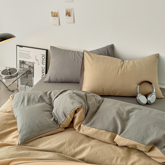 91家纺网 家纺一手货源 找家纺 芷凡家纺 2025新款A类加厚水洗棉云朵棉四件套 杏色+浅灰