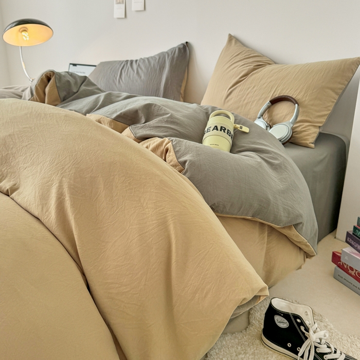 91家纺网 家纺一手货源 找家纺 芷凡家纺 2025新款A类加厚水洗棉云朵棉四件套 杏色+浅灰