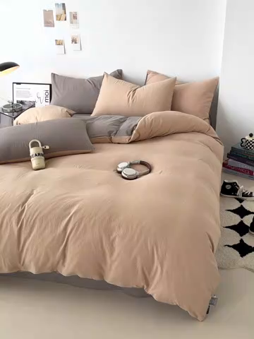 91家纺网 家纺一手货源 找家纺 芷凡家纺 2025新款A类加厚水洗棉云朵棉四件套 杏色+浅灰