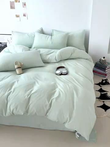 91家纺网 家纺一手货源 找家纺 芷凡家纺 2025新款A类加厚水洗棉云朵棉四件套 藻绿