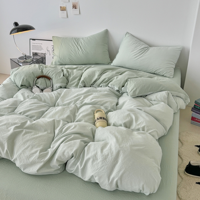 91家纺网 家纺一手货源 找家纺 芷凡家纺 2025新款A类加厚水洗棉云朵棉四件套 藻绿+月光绿