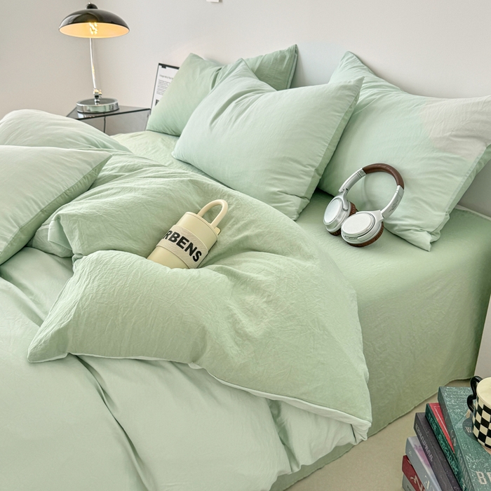 91家纺网 家纺一手货源 找家纺 芷凡家纺 2025新款A类加厚水洗棉云朵棉四件套 藻绿+月光绿