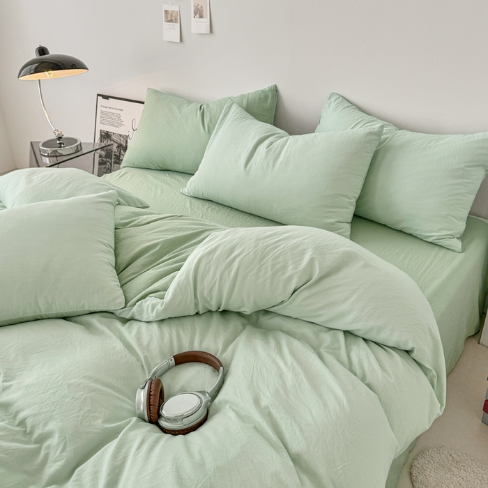 91家纺网 家纺一手货源 找家纺 芷凡家纺 2025新款A类加厚水洗棉云朵棉四件套 藻绿+月光绿