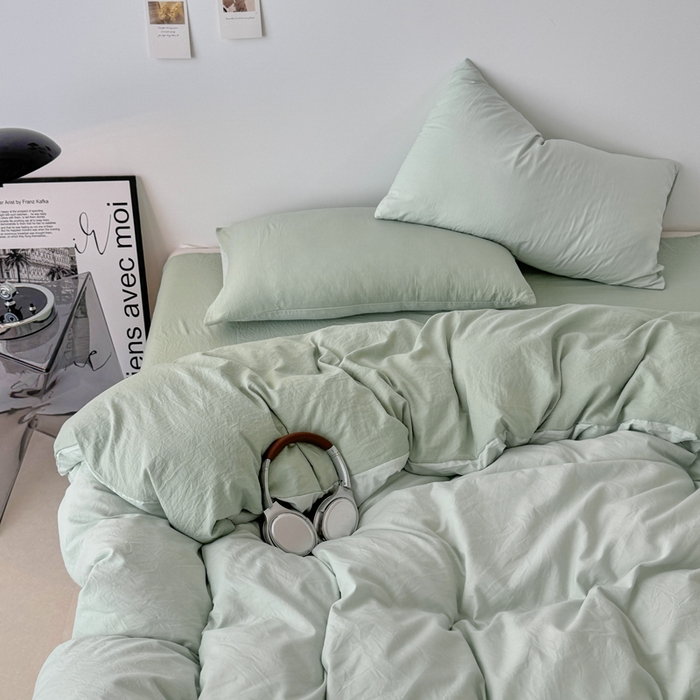 91家纺网 家纺一手货源 找家纺 芷凡家纺 2025新款A类加厚水洗棉云朵棉四件套 藻绿+月光绿