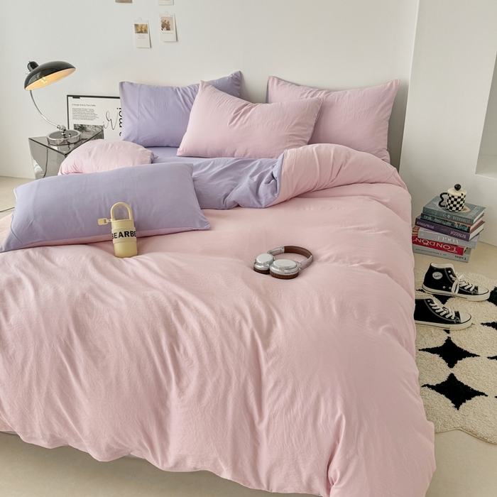 91家纺网 家纺一手货源 找家纺 芷凡家纺 2025新款A类加厚水洗棉云朵棉四件套 芝夏粉+千夏紫