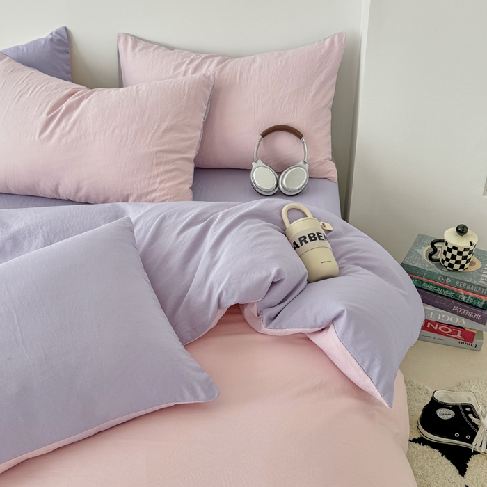 91家纺网 家纺一手货源 找家纺 芷凡家纺 2025新款A类加厚水洗棉云朵棉四件套 芝夏粉+千夏紫