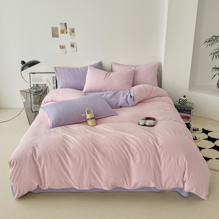 91家纺网 家纺一手货源 找家纺 芷凡家纺 2025新款A类加厚水洗棉云朵棉四件套 芝夏粉+千夏紫