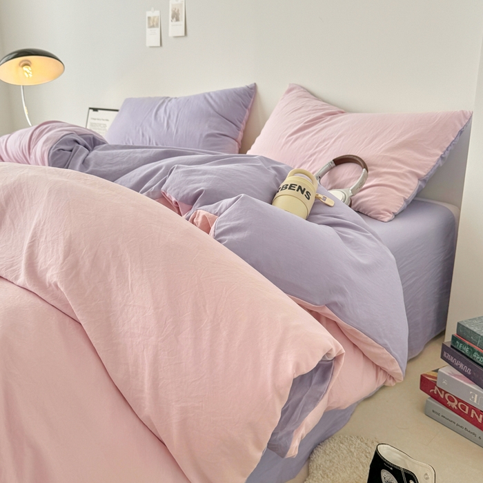 芷凡家纺 2025新款A类加厚水洗棉云朵棉四件套 芝夏粉+千夏紫