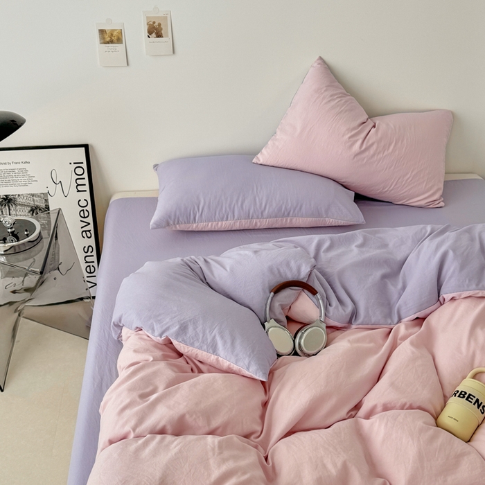 91家纺网 家纺一手货源 找家纺 芷凡家纺 2025新款A类加厚水洗棉云朵棉四件套 芝夏粉+千夏紫