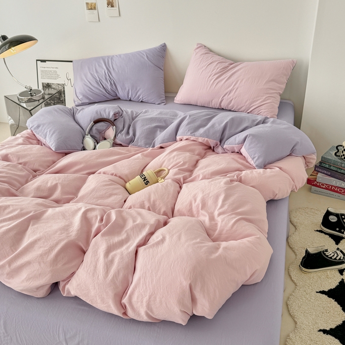 91家纺网 家纺一手货源 找家纺 芷凡家纺 2025新款A类加厚水洗棉云朵棉四件套 芝夏粉+千夏紫