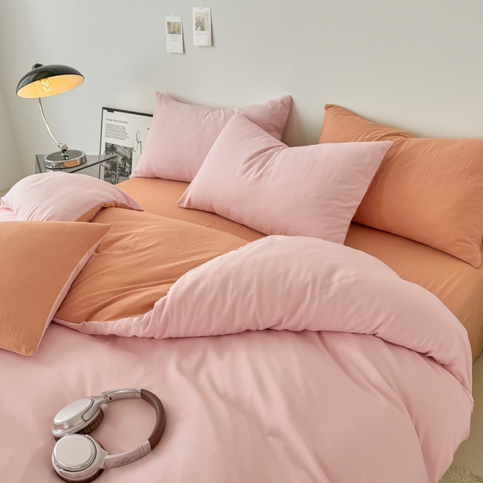 91家纺网 家纺一手货源 找家纺 芷凡家纺 2025新款A类加厚水洗棉云朵棉四件套 芝夏粉+亚麻驼