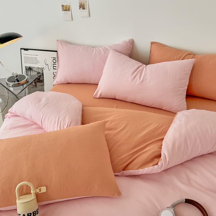 91家纺网 家纺一手货源 找家纺 芷凡家纺 2025新款A类加厚水洗棉云朵棉四件套 芝夏粉+亚麻驼