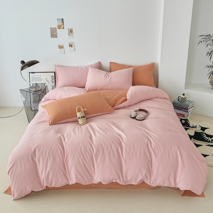 91家纺网 家纺一手货源 找家纺 芷凡家纺 2025新款A类加厚水洗棉云朵棉四件套 芝夏粉+亚麻驼