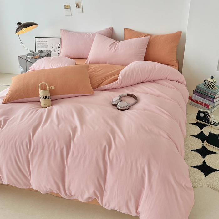 91家纺网 家纺一手货源 找家纺 芷凡家纺 2025新款A类加厚水洗棉云朵棉四件套 芝夏粉+亚麻驼