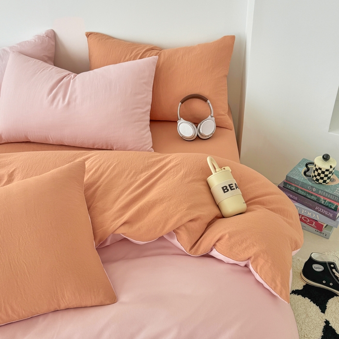 91家纺网 家纺一手货源 找家纺 芷凡家纺 2025新款A类加厚水洗棉云朵棉四件套 芝夏粉+亚麻驼