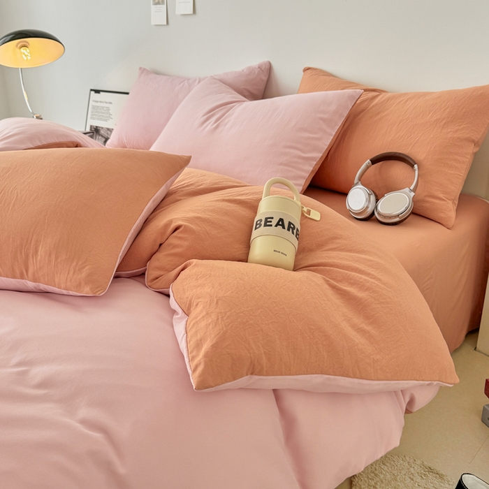 91家纺网 家纺一手货源 找家纺 芷凡家纺 2025新款A类加厚水洗棉云朵棉四件套 芝夏粉+亚麻驼