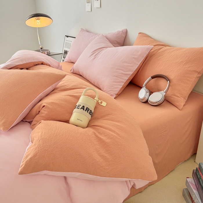 91家纺网 家纺一手货源 找家纺 芷凡家纺 2025新款A类加厚水洗棉云朵棉四件套 芝夏粉+亚麻驼