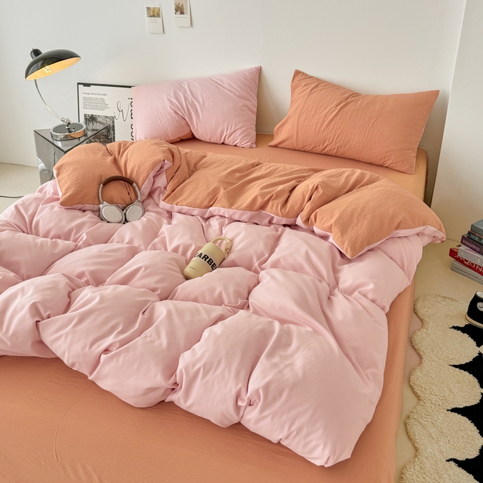 91家纺网 家纺一手货源 找家纺 芷凡家纺 2025新款A类加厚水洗棉云朵棉四件套 芝夏粉+亚麻驼