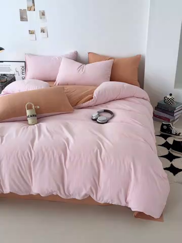 91家纺网 家纺一手货源 找家纺 芷凡家纺 2025新款A类加厚水洗棉云朵棉四件套 芝夏粉+亚麻驼