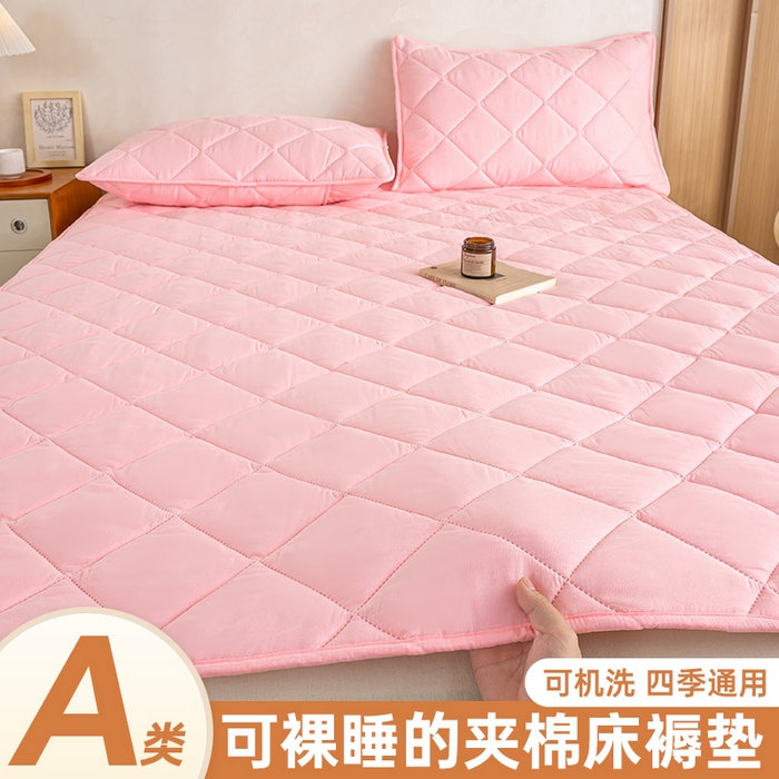 91家纺网 家纺一手货源 找家纺 憨豆家纺 2025新款水洗棉磨毛夹棉床笠四季床垫褥子床护垫薄款学生宿舍榻榻米垫被跨境加棉保护垫 床护垫-粉色