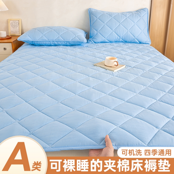 91家纺网 家纺一手货源 找家纺 憨豆家纺 2025新款水洗棉磨毛夹棉床笠四季床垫褥子床护垫薄款学生宿舍榻榻米垫被跨境加棉保护垫 床护垫-蓝色