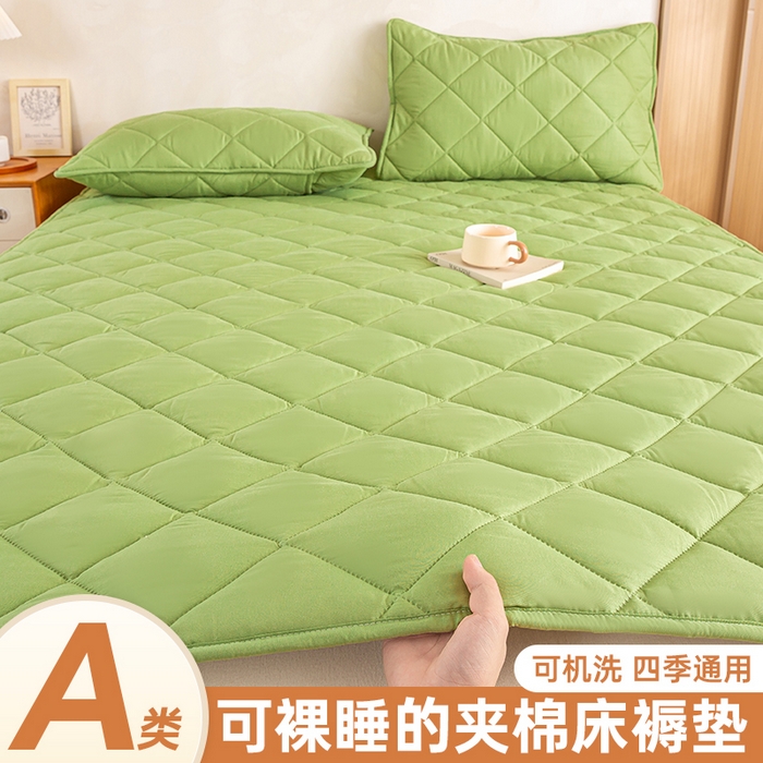 91家纺网 家纺一手货源 找家纺 憨豆家纺 2025新款水洗棉磨毛夹棉床笠四季床垫褥子床护垫薄款学生宿舍榻榻米垫被跨境加棉保护垫 床护垫-绿色