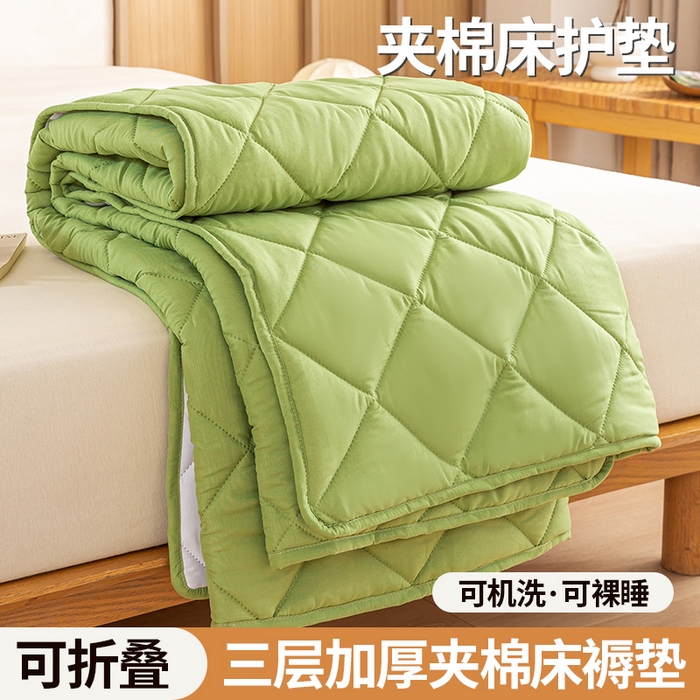 91家纺网 家纺一手货源 找家纺 憨豆家纺 2025新款水洗棉磨毛夹棉床笠四季床垫褥子床护垫薄款学生宿舍榻榻米垫被跨境加棉保护垫 床护垫-绿色