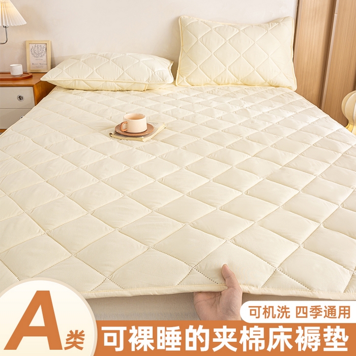 91家纺网 家纺一手货源 找家纺 憨豆家纺 2025新款水洗棉磨毛夹棉床笠四季床垫褥子床护垫薄款学生宿舍榻榻米垫被跨境加棉保护垫 床护垫-米白