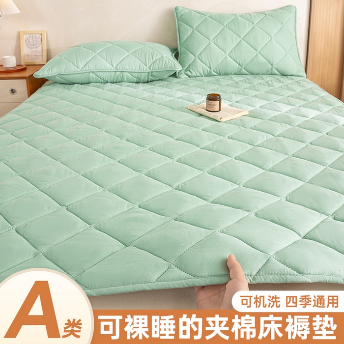 91家纺网 家纺一手货源 找家纺 憨豆家纺 2025新款水洗棉磨毛夹棉床笠四季床垫褥子床护垫薄款学生宿舍榻榻米垫被跨境加棉保护垫 床护垫-青色