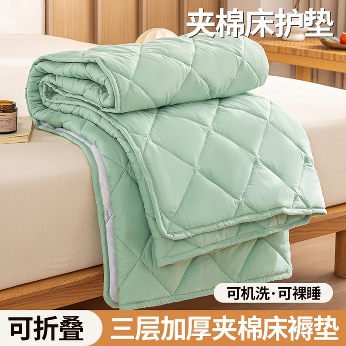 91家纺网 家纺一手货源 找家纺 憨豆家纺 2025新款水洗棉磨毛夹棉床笠四季床垫褥子床护垫薄款学生宿舍榻榻米垫被跨境加棉保护垫 床护垫-青色