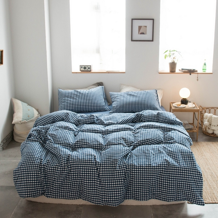 91家纺网 家纺一手货源 找家纺 尚品本色2026年新款简约风全棉色织水洗棉格子条纹系列四件套 蓝白小格