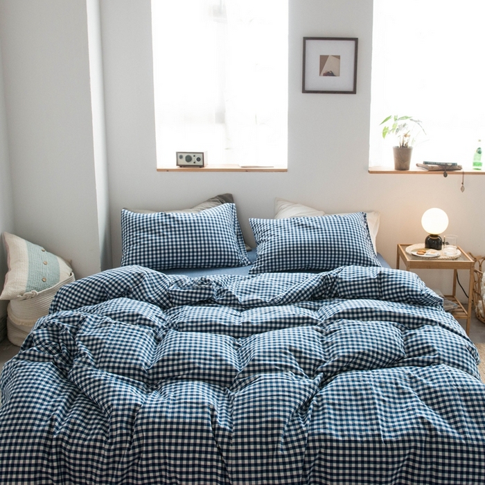 91家纺网 家纺一手货源 找家纺 尚品本色2026年新款简约风全棉色织水洗棉格子条纹系列四件套 蓝白小格