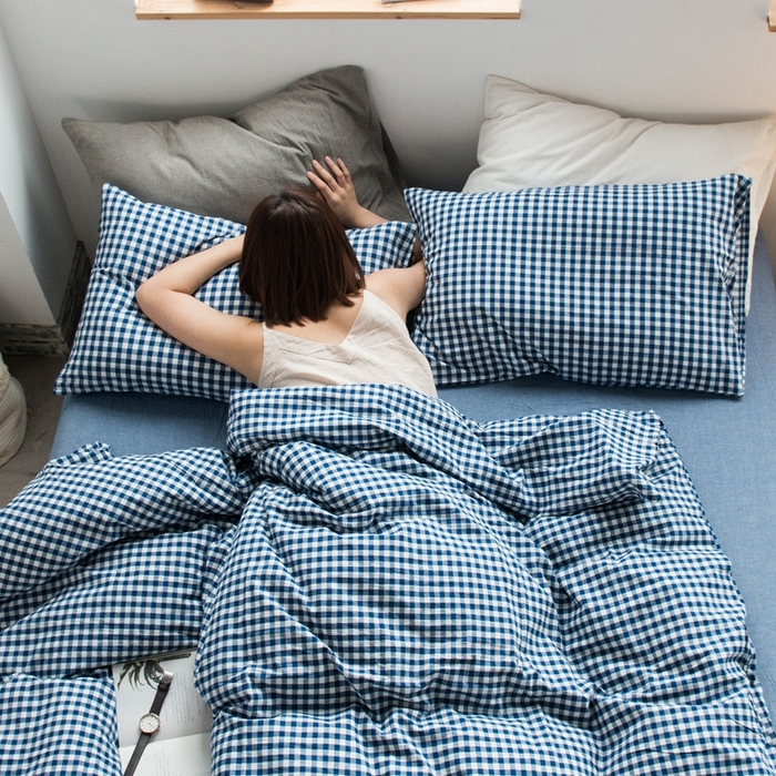 91家纺网 家纺一手货源 找家纺 尚品本色2026年新款简约风全棉色织水洗棉格子条纹系列四件套 蓝白小格