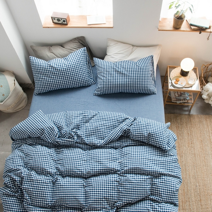 91家纺网 家纺一手货源 找家纺 尚品本色2026年新款简约风全棉色织水洗棉格子条纹系列四件套 蓝白小格