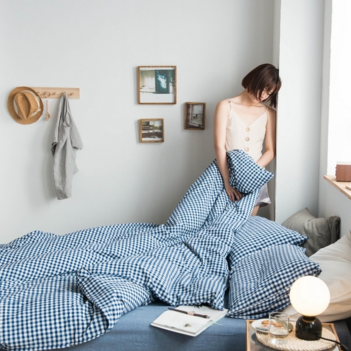 91家纺网 家纺一手货源 找家纺 尚品本色2026年新款简约风全棉色织水洗棉格子条纹系列四件套 蓝白小格