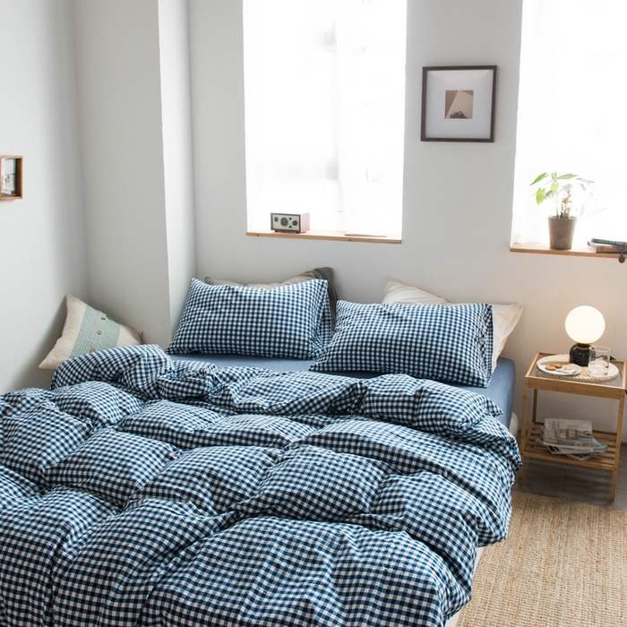 91家纺网 家纺一手货源 找家纺 尚品本色2026年新款简约风全棉色织水洗棉格子条纹系列四件套 蓝白小格